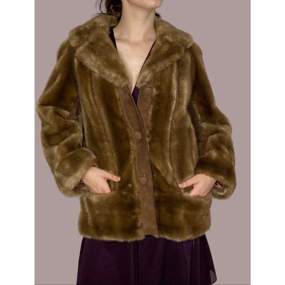 1960s Lilli Ann Faux Fur Coat Vintage Brown Made In England Medium